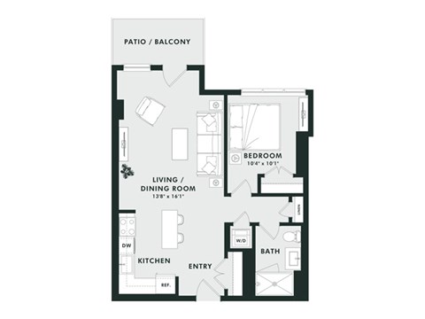 A floor plan of an apartment with a living room, dining room, kitchen, bathroom, and two bedrooms.
